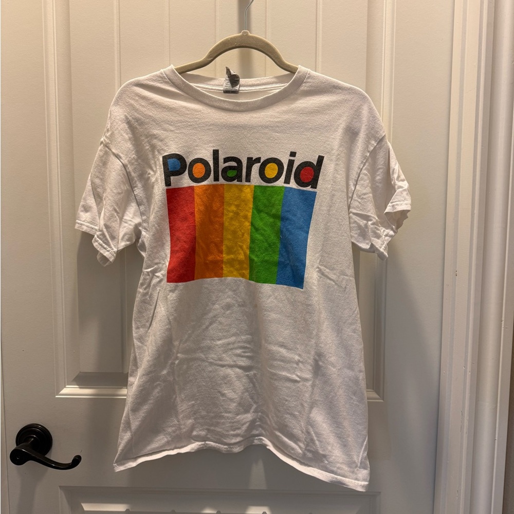 Polaroid White Tee with Rainbow Block Graphic (M)